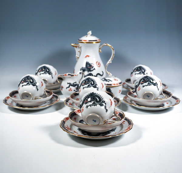 Meissen Porcelain Coffee Service 6 Pcs Ming Dragon Set Black Gold